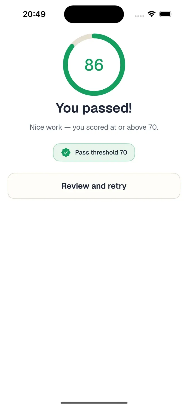 Exam result screen