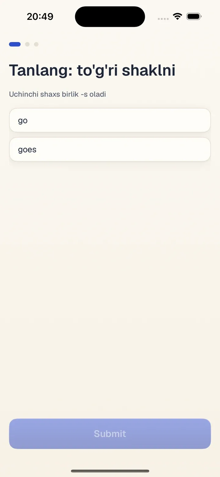 Exercise screen with answer checking