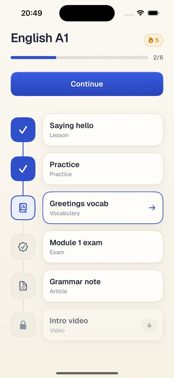 Saboq home screen with the course journey and lesson list